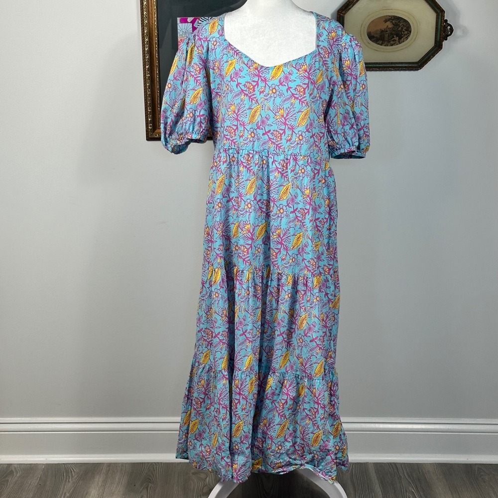 Briton‎ Court Blue Maxi Dress with Pink and Yellow Floral Design - SIZE L Cotton